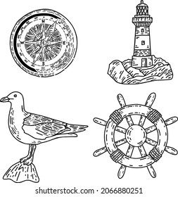 Conjunto de ilustraciones marinas de contorno de vector dibujado a mano. Brújula, faro, gaviota, 
volante