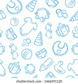 Hand drawn vector outline seamless pattern. Baby Boy shower: clothes, toys, pacifiers, milk bottles and other on white background.