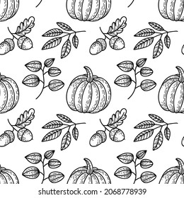 Hand drawn vector outline seamless pattern. Pumpkins, leaves, autumn black ornament on white background