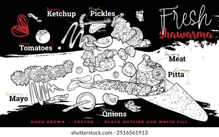 Modelo de shawarma de vetor desenhado à mão. Comida gostosa com ingredientes saudáveis, como tomate, pepino, carne, pão. Descrever os recursos fáceis de adaptar e usar em designs impressos e on-line. 