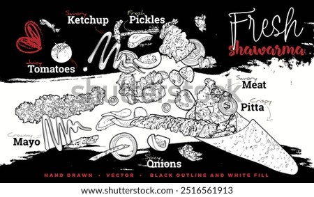 Hand drawn vector outline shawarma template. Yummy food with healthy ingredients such as tomato, cucumber, meat, bread. Outline easy to adapt and use in print and online designs. 