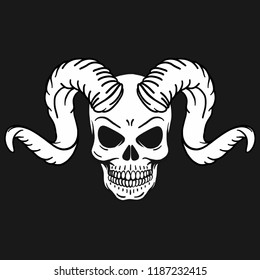 hand drawn vector outline skull with horns and bones pentagram. Tattoo template, halloween, gothic, evil eye, black backround, t-shirt design. Metal music