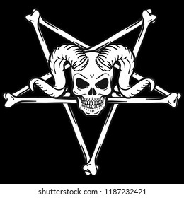 hand drawn vector outline skull with horns and bones pentagram. Tattoo template, halloween, gothic, evil eye, black backround, t-shirt design. Metal music