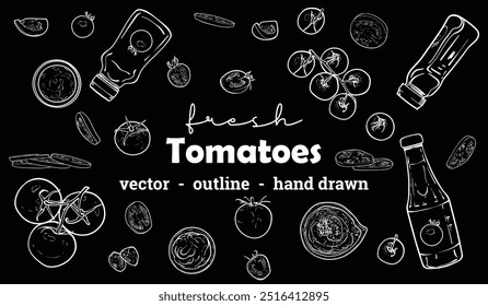 Contorno de Vector dibujado a mano de los tomates. Vista superior y lateral de estas verduras frescas sobre fondo negro. Activos fáciles de editar y listos para usar para diseños de menús, tanto en línea como impresos.