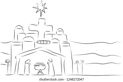 hand drawn vector outline of two people, Joseph and Mary worshiping baby Jesus  in town of Bethlehem with cross and the star on top of building, conceptual Christmas image background