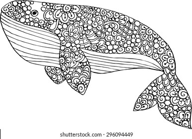 Hand drawn vector outline whale illustration. Decorative ornamental whale drawing