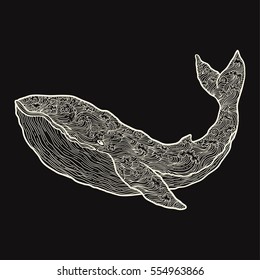 Hand drawn vector outline whale illustration. Decorative ornamental whale drawing with waves and curls. design for adult coloring book, cards,prints and other