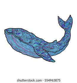 Hand drawn vector outline whale illustration. multicolored Decorative ornamental whale drawing with waves and curls. design for cards,prints and other