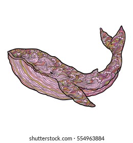 Hand drawn vector outline whale illustration. multicolored Decorative ornamental whale drawing with waves and curls. design for cards,prints and other