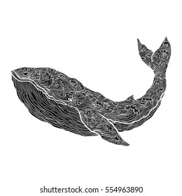 Hand drawn vector outline whale illustration. Decorative ornamental whale drawing with waves and curls. design for adult coloring book, cards,prints and other