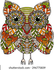 Hand drawn vector owl illustration. Colorful ornamental doodle owl drawing. Cute cartoon bird character