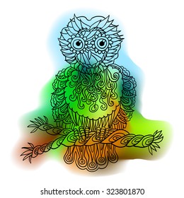 Hand drawn vector owl illustration. Ornamental doodle owl drawing. Cute cartoon bird character.