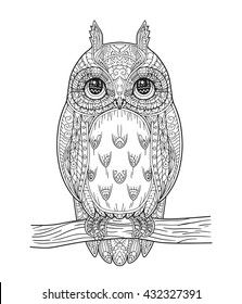 Hand drawn vector owl zentangle style. Black and white illustration. Zen art. Antistress coloring book page for adults. Ornamental bird.