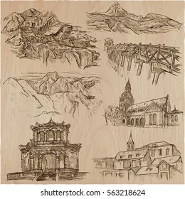 An hand drawn vector pack - Architecture around the World. Collection of line art illustrations. All buildings are named inside the file.