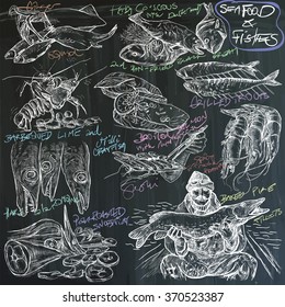 An hand drawn vector pack. FISHES and  SEAFOOD - white freehand sketching on blackboard. Editable in layers and groups. 