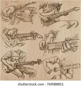 An hand drawn vector pack of GUITAR SOLOS. Line art. Pack of hands of guitarist. Guitar players play a solo.