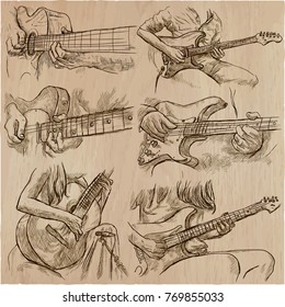 An hand drawn vector pack of GUITAR SOLOS. Line art technique. Guitar players, and their hands.