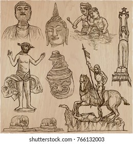 An hand drawn vector pack OLD AND NATIVE ART. Line art. Pack of old artworks, sculptures and objects.