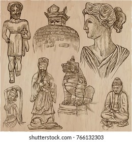 An hand drawn vector pack OLD AND NATIVE ART. Line art. Pack of old artworks, sculptures and objects.