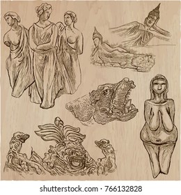 An hand drawn vector pack OLD AND NATIVE ART. Line art. Pack of old artworks, sculptures and objects.