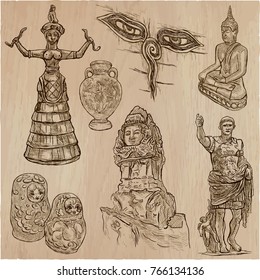 An hand drawn vector pack OLD AND NATIVE ART. Line art. Pack of old artworks, sculptures and objects.