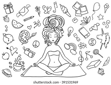 Hand drawn vector pages for coloring book. Lady in meditation.