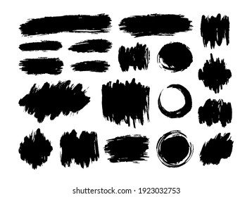 Hand drawn vector paint spots, black ink brush strokes big set. Grunge artistic paint blobs highlights backgrounds. Abstract line, circle and stains shapes, creative design elements.