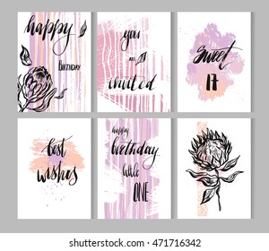 Hand drawn vector painted abstract textured Happy Birthday modern cards template collection with protea flowers and handwritten ink lettering phases in violet and purple colors isolated on white.