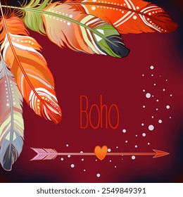 Hand drawn vector painted bird feathers isolated on white background. Colorful set for your design. Trendy boho style patterned elements, s