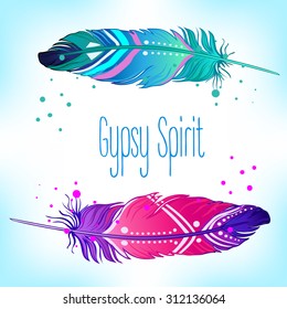 Hand drawn vector painted bird feathers isolated on white background. Colorful set for your design. Trendy  boho style patterned elements, sketch, tribal colorful concept/