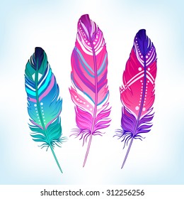 Hand drawn vector painted bird feathers isolated on white background. Colorful set for your design. Trendy  boho style patterned elements, sketch, tribal colorful concept/