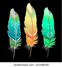Hand drawn vector painted bird feathers isolated on black background. Colorful set for your design. Trendy boho style patterned elements, sketch, tribal colorful concept.