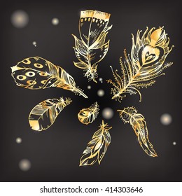 Hand drawn vector painted collection with bird feathers isolated on black background. Golden sparkling glamor set for your design. Trendy art deco style patterned elements, sketch, fashionable concept