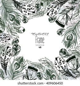 Hand drawn vector painted frame with bird feathers isolated on white background. Monochrome set for your design. Trendy boho style patterned elements, sketch, tribal concept