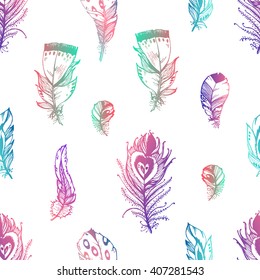 Hand drawn vector painted seamless pattern with bird feathers isolated on white background. Colorful rainbow set for your design. Trendy boho style patterned elements, sketch, tribal concept