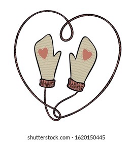 Hand drawn vector pair of mittens connected by a heart shaped lace isolated on white background