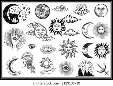 Hand Drawn vector palm tattoo, sun, moon, cloud, cat, girl, sword, star illustration vector board