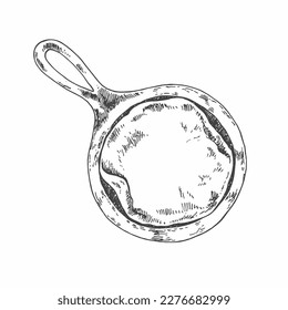 Panqueque vectorial dibujado a mano en la ilustración de la sartén. Plantilla de desayuno recién cocinado para menú, anuncio, diseño