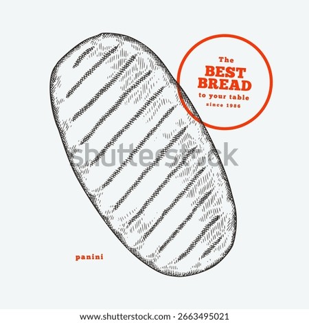 Hand Drawn Vector Panini Illustration. Not AI Generated. Retro Bakery Isolated Image. Old School Bread Food