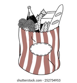 Hand Drawn Vector Paper Bag, Grocery Shopping, Isolated