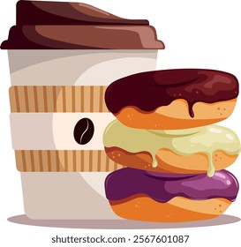 Hand drawn vector papercup with coffee and donuts. Hot drink and bakery products in flat cartoon stylisation. Breakfast illustration