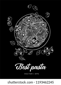 Hand drawn vector pasta sketch, made of tomato, basil and olives. Vegetarian food, pasta line drawing. Black and white.