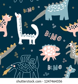 Hand drawn vector pastel color cute cartoon seamless pattern illustration little dinosaurs 
