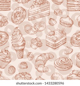 Hand drawn vector pastries, bakery, desserts seamless pattern. Illustration of bakery dessert, sweet pastry background, chocolate and cupcake