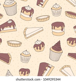 Hand drawn vector pastry seamless pattern with cake and pie pieces, cupcakes and eclairs covered with chocolate. Ornament on the dotted background. 