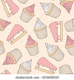 Hand drawn vector pastry seamless pattern with cake pieces and cupcakes covered with pink strawberry topping. Ornament on the dotted background.