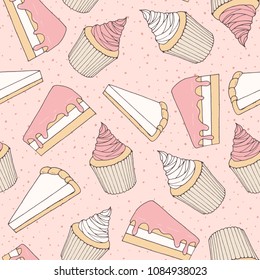 Hand drawn vector pastry seamless pattern with cake and tart pieces and cupcakes covered with pink strawberry topping. Ornament on the dotted background. 