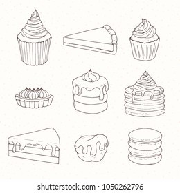 Hand drawn vector pastry set with cakes, pies, tarts, muffins and eclairs covered with topping. Sweets contours in sketchy style on the dotted background.