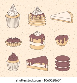 Hand drawn vector pastry set with cake and pie pieces, cupcakes, macarons and eclairs covered with chocolate. Sweets on the dotted background. 