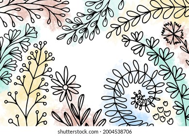 Hand drawn vector pattern of abstract herbs composition. Stock illustration of line plants on color spots.